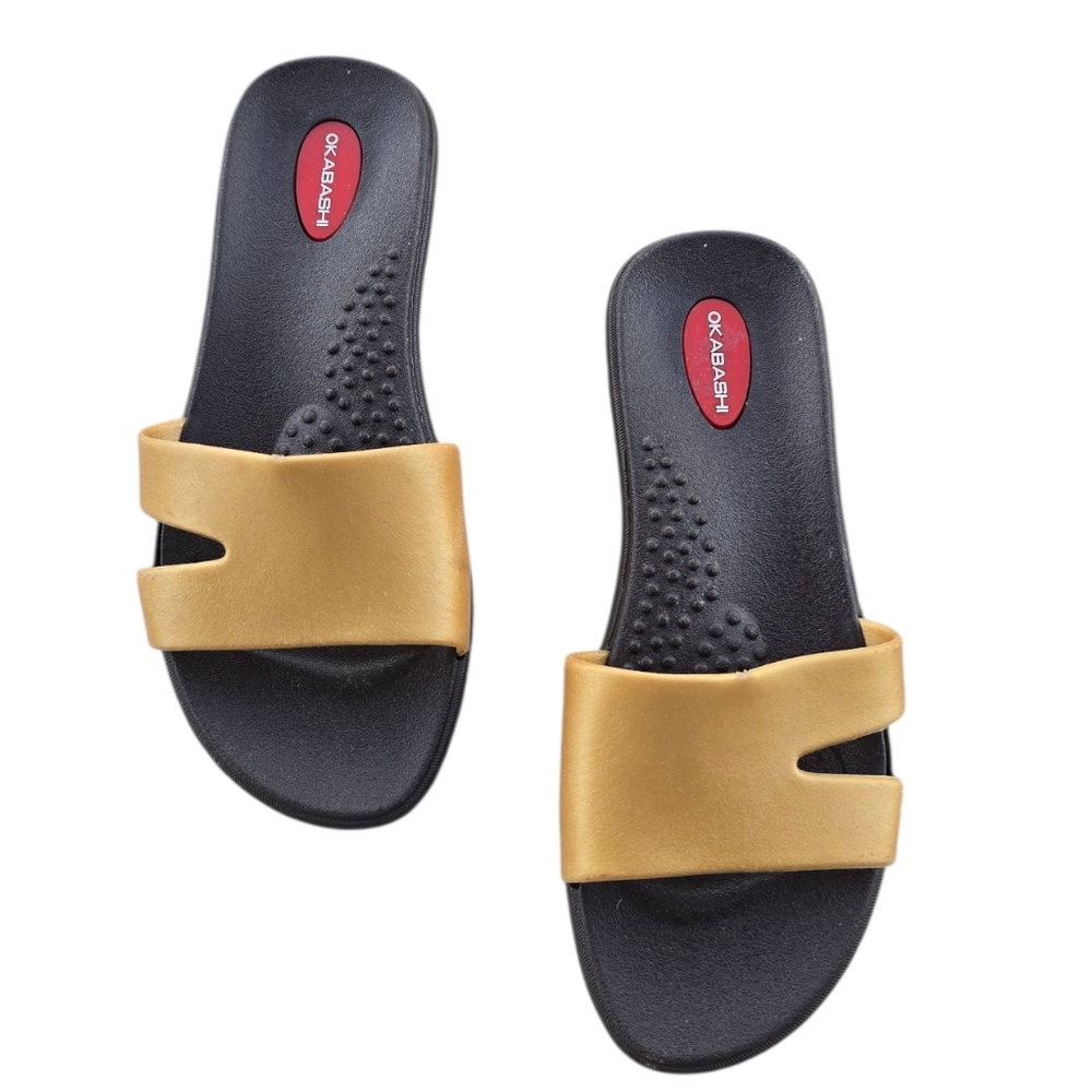 Okabashi Womens Wave Black Gold Sandals Slip On Size Med 6.5-7.5 Slides